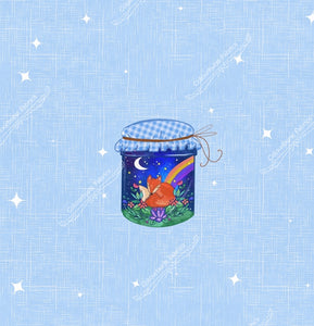 A sleeping fox curled up inside an open jar with hessian wrap around the top. Panel design to match exclusive coord from Colourburst Fabrics 
