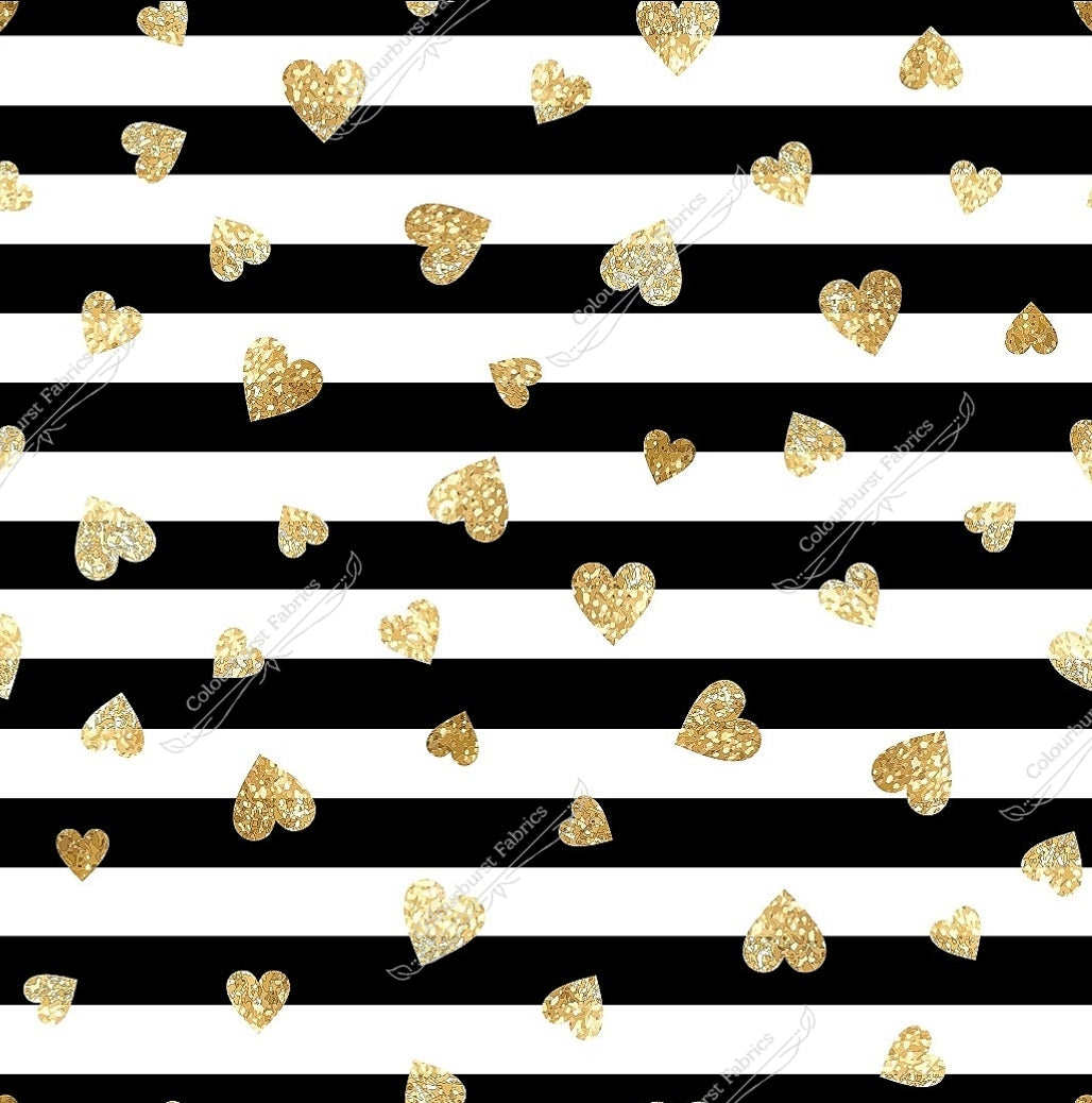 Black and white 1.5cm stripes with gold faux glitter hearts of multiple sizes. Available to pre-order on 22 bases and compositions