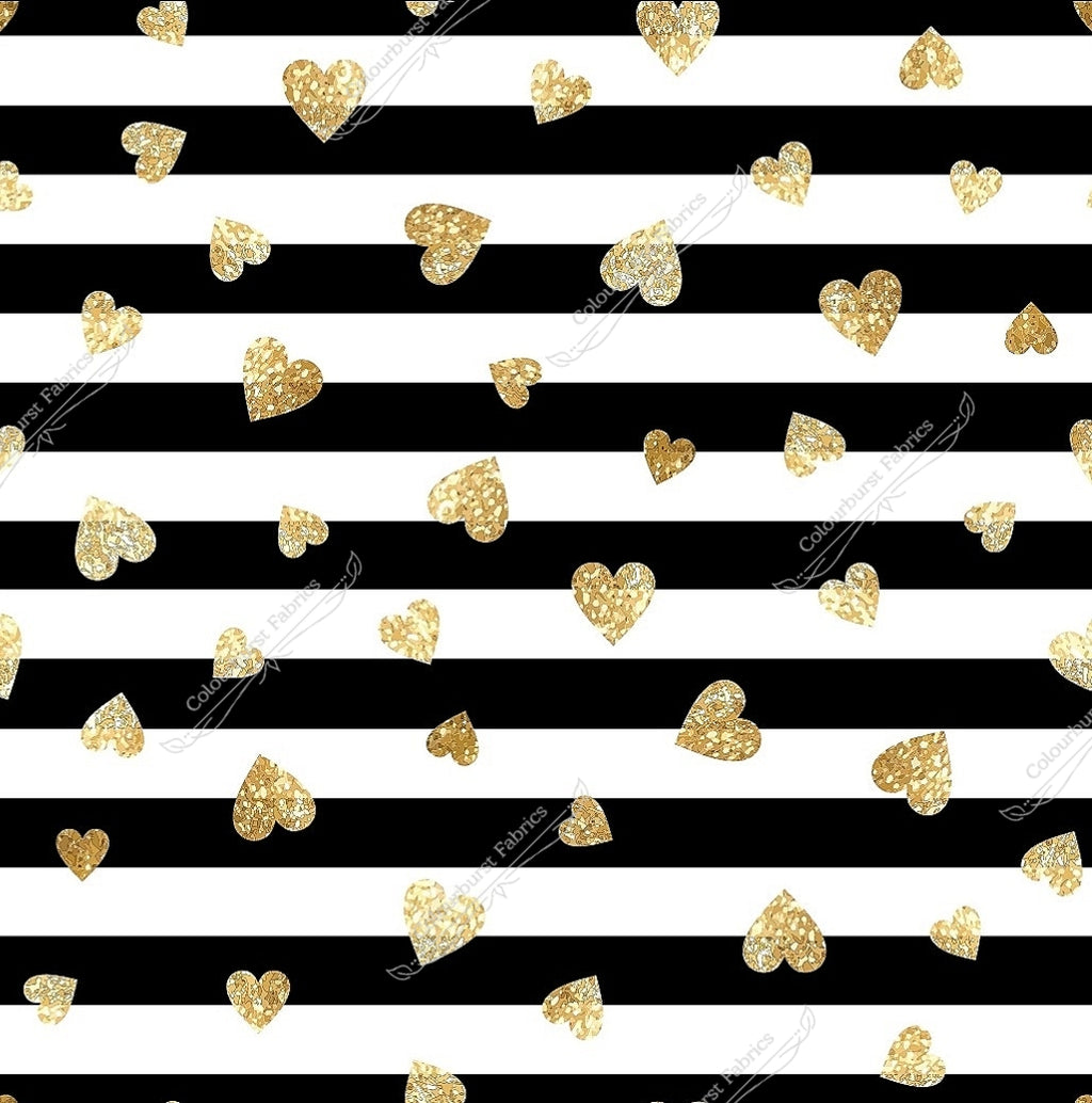 Black and white 1.5cm stripes with gold faux glitter hearts of multiple sizes. Available to pre-order on 22 bases and compositions