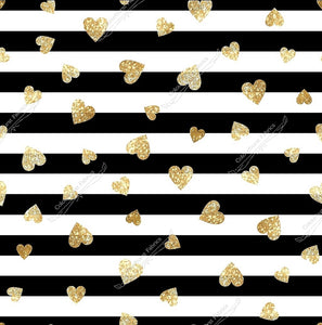 Black and white 1.5cm stripes with gold faux glitter hearts of multiple sizes. Available to pre-order on 22 bases and compositions