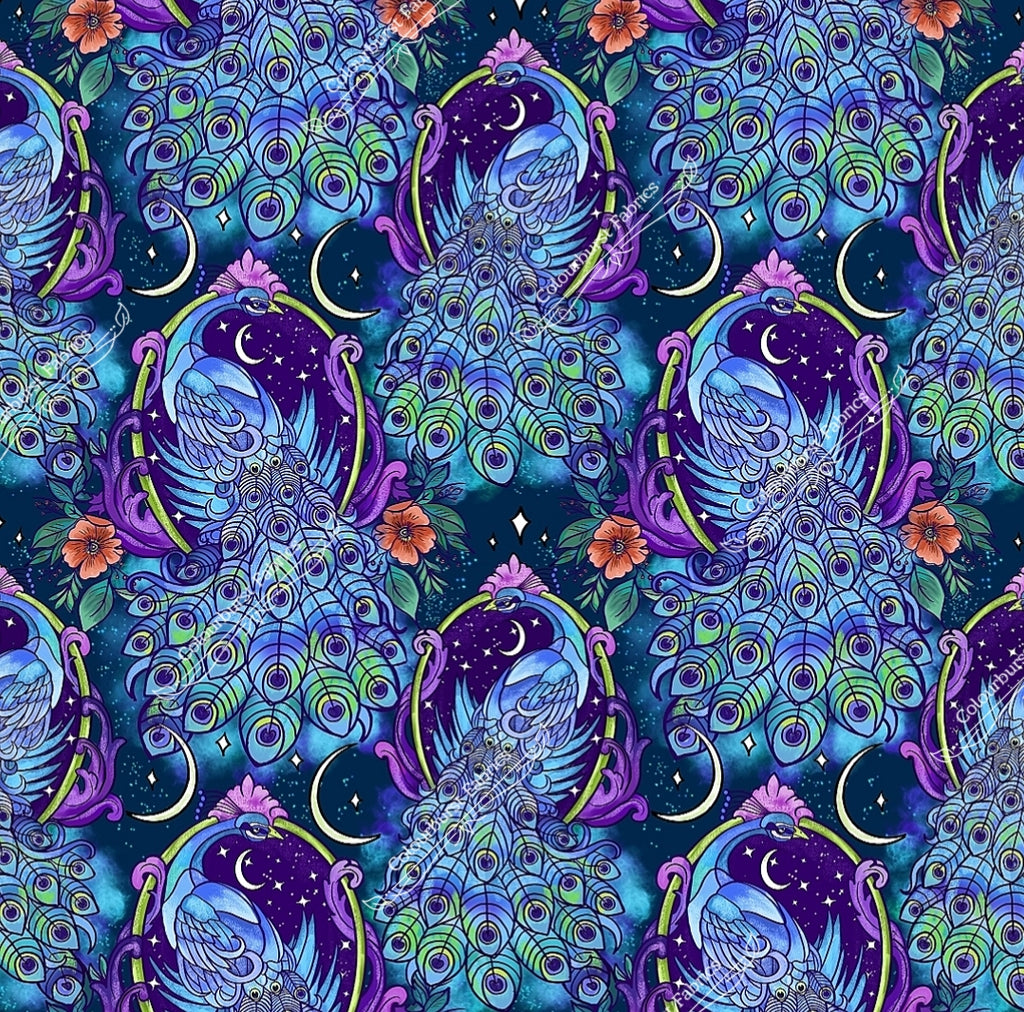 Hand drawn peacocks in highlighted mirrors on a sparkly teal background. Gemstones, flowers and glitter. Exclusive design for pre-order on our 23 bases.