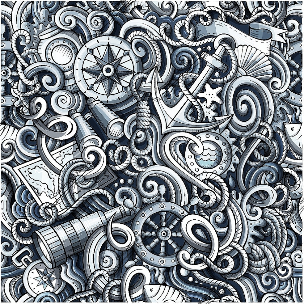 Ship/boat related items in monochrome, layered together. Boat wheel, anchor, telescope, seashells etc. Available for pre-order on 22 bases at Colourburst Fabrics. 