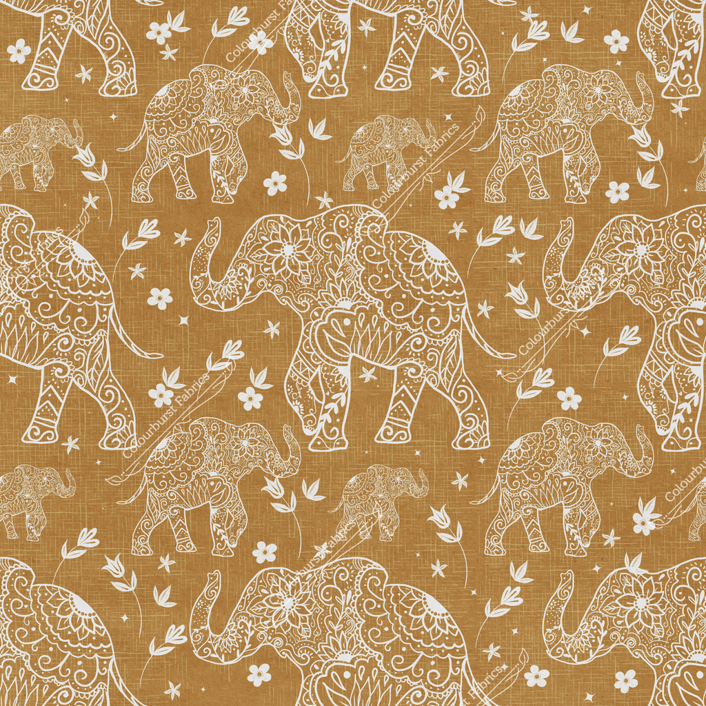 White hand drawn mehndi elephants on a mustard background. Available for preorder on 23 bases