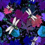 Load image into Gallery viewer, Hand drawn intricately detailed realistic dragonflies on a black background with colourful paint splats. Exclusive design for pre-order on 23 bases at Colourburst Fabrics 
