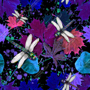 Hand drawn intricately detailed realistic dragonflies on a black background with colourful paint splats. Exclusive design for pre-order on 23 bases at Colourburst Fabrics 