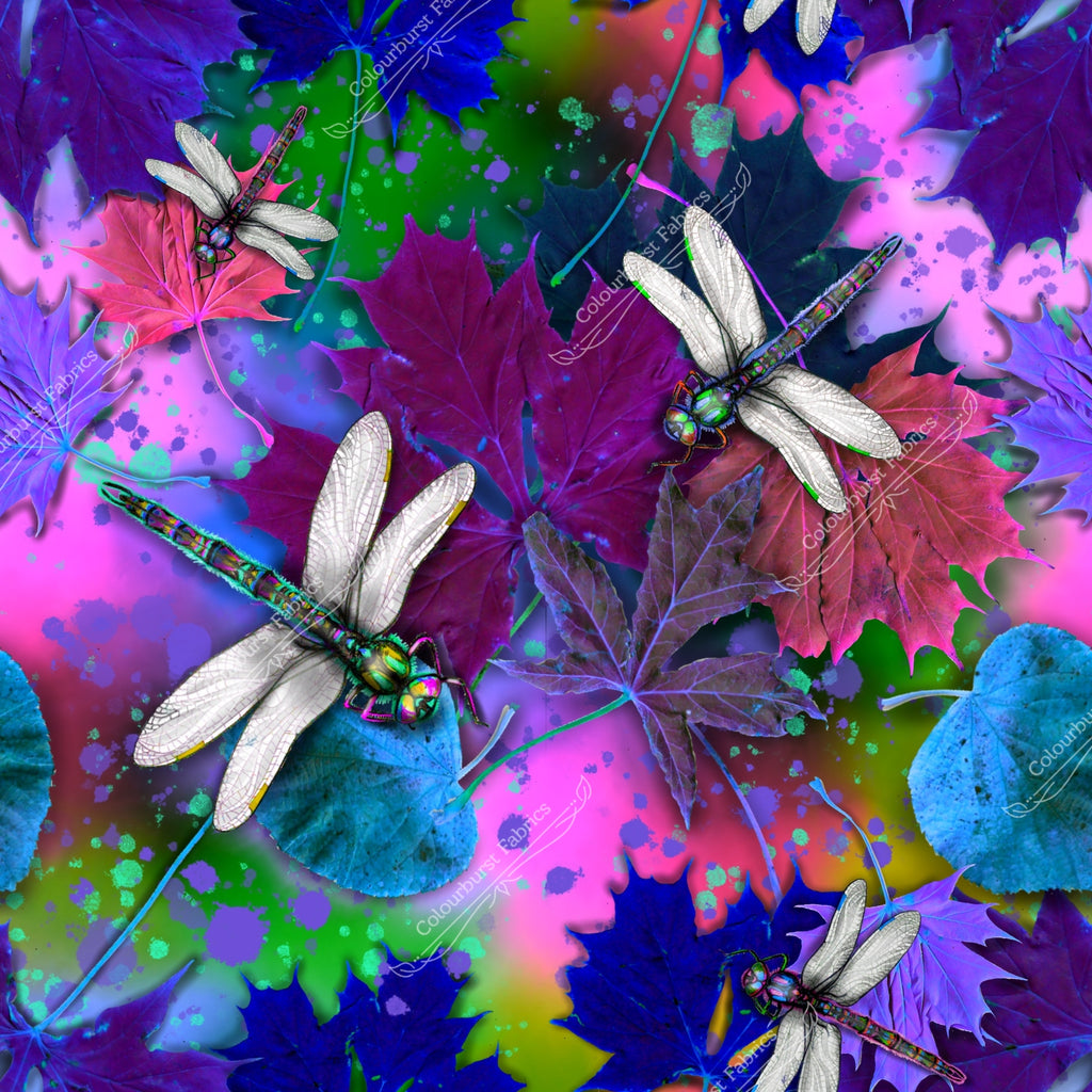 Hand drawn intricately detailed realistic dragonflies with slush puppy background. Exclusive design for pre-order on 23 bases at Colourburst Fabrics 