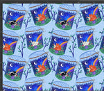 Load image into Gallery viewer, A fox, rabbit, badger and skunk lying sleeping in a jar each with hessian wrap round the top. On a baby blue background with fairy lights. Exclusive design available to pre-order from Colourburst Fabrics 
