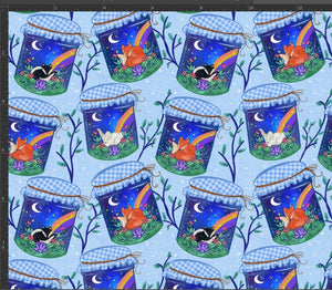 A fox, rabbit, badger and skunk lying sleeping in a jar each with hessian wrap round the top. On a baby blue background with fairy lights. Exclusive design available to pre-order from Colourburst Fabrics 