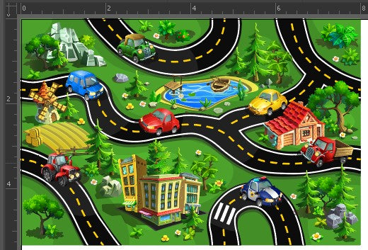 Cute little village with roads running through and cars traveling. Seamless design for custom fabric printing onto our 22 bases.